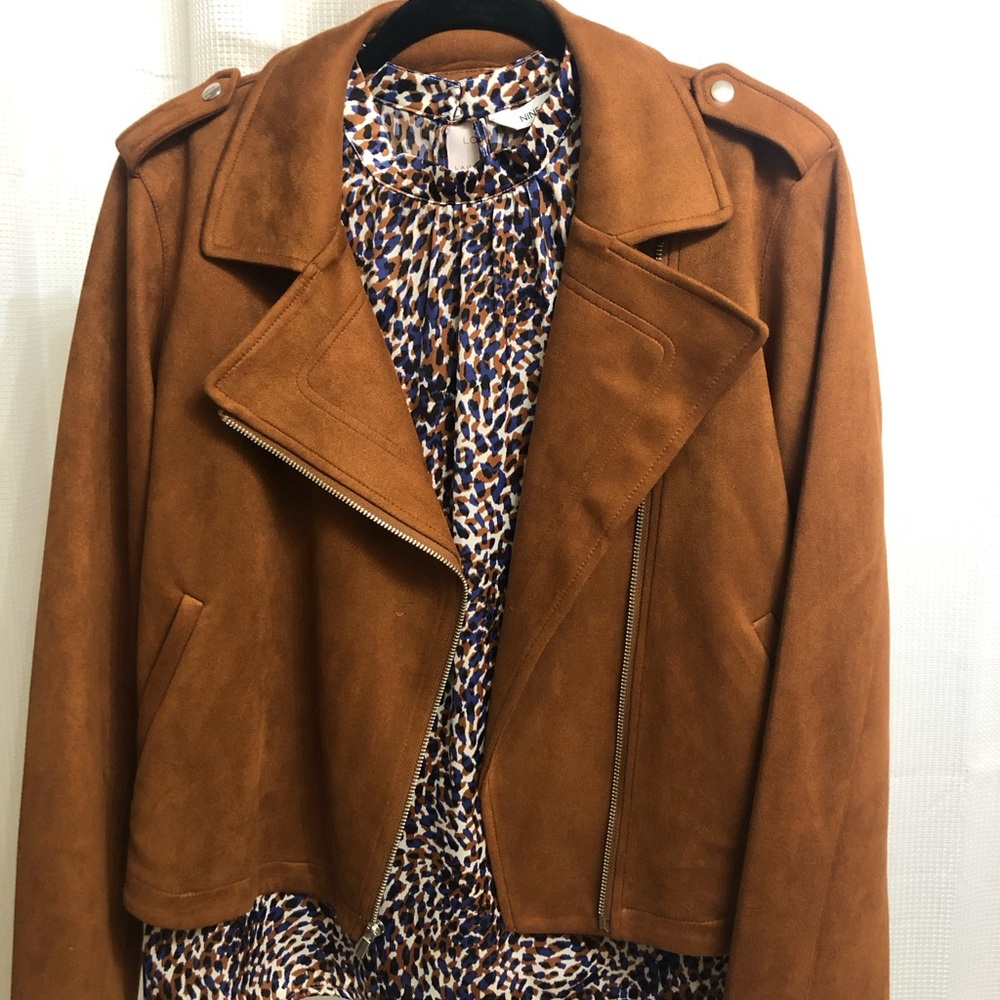 LC Lauren Conrad Brown Moto Jacket and Nine West Blouse.